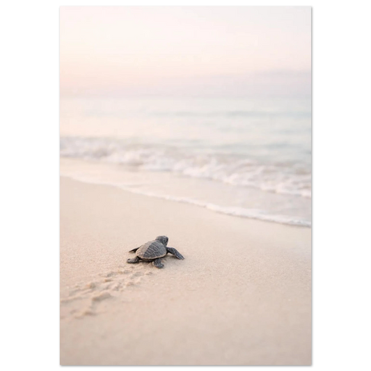 Liten havssköldpadda på väg mot havet på en ljus sandstrand – Fotorealistisk poster