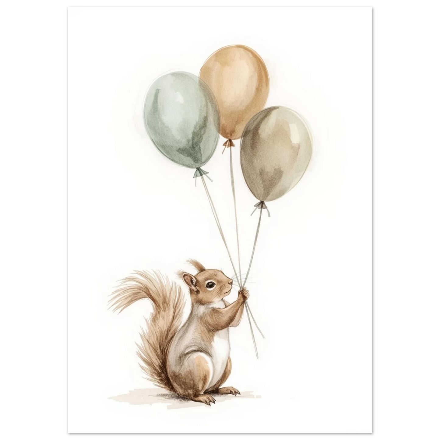 Söt ekorre som håller tre ballonger, mjuk illustration i akvarell