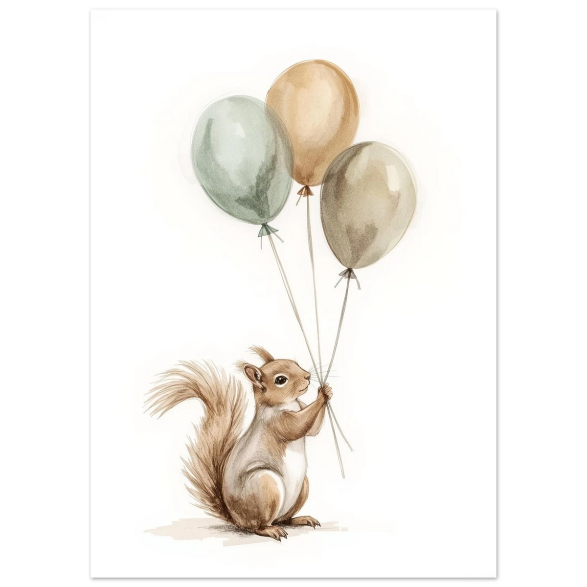 Söt ekorre som håller tre ballonger, mjuk illustration i akvarell