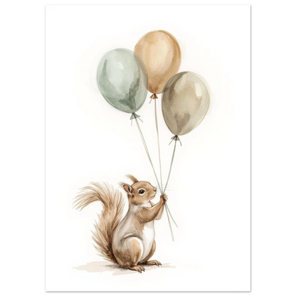 Söt ekorre som håller tre ballonger, mjuk illustration i akvarell