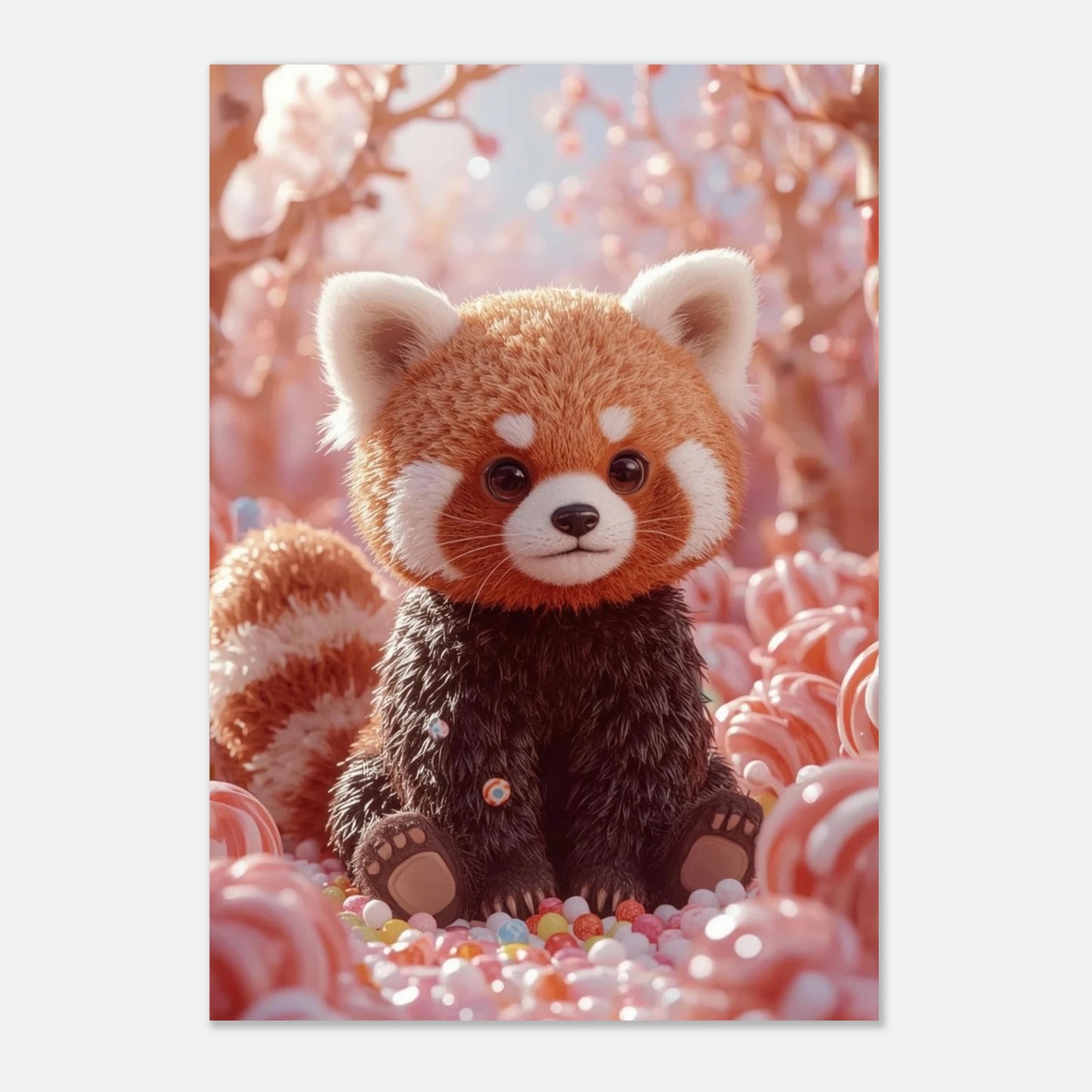 Fantasifull barnposter föreställande en röd panda bland färgglatt strössel