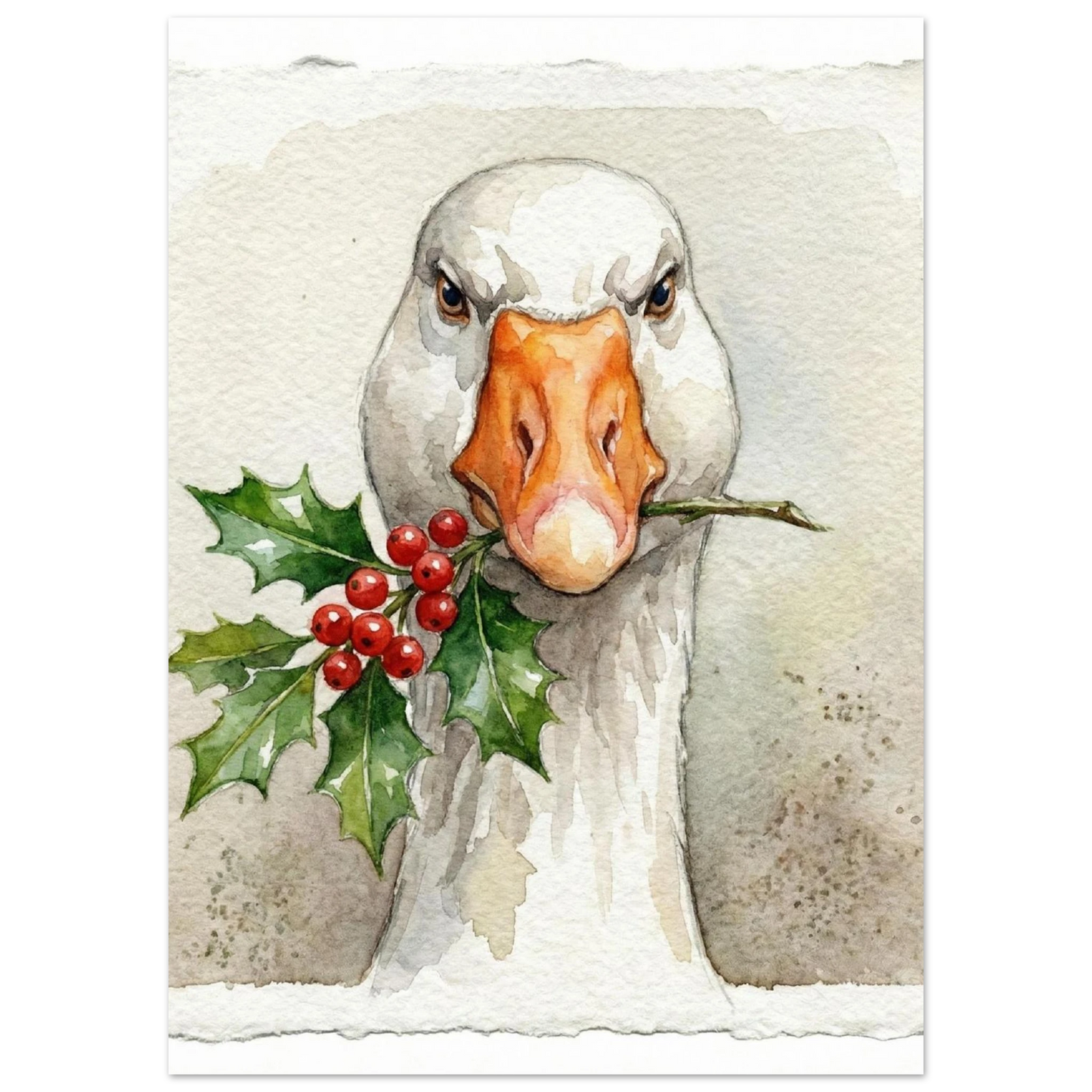 Gåsmotiv med röda bär och gröna blad i näbben, konstposter