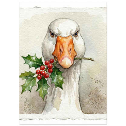 Gåsmotiv med röda bär och gröna blad i näbben, konstposter