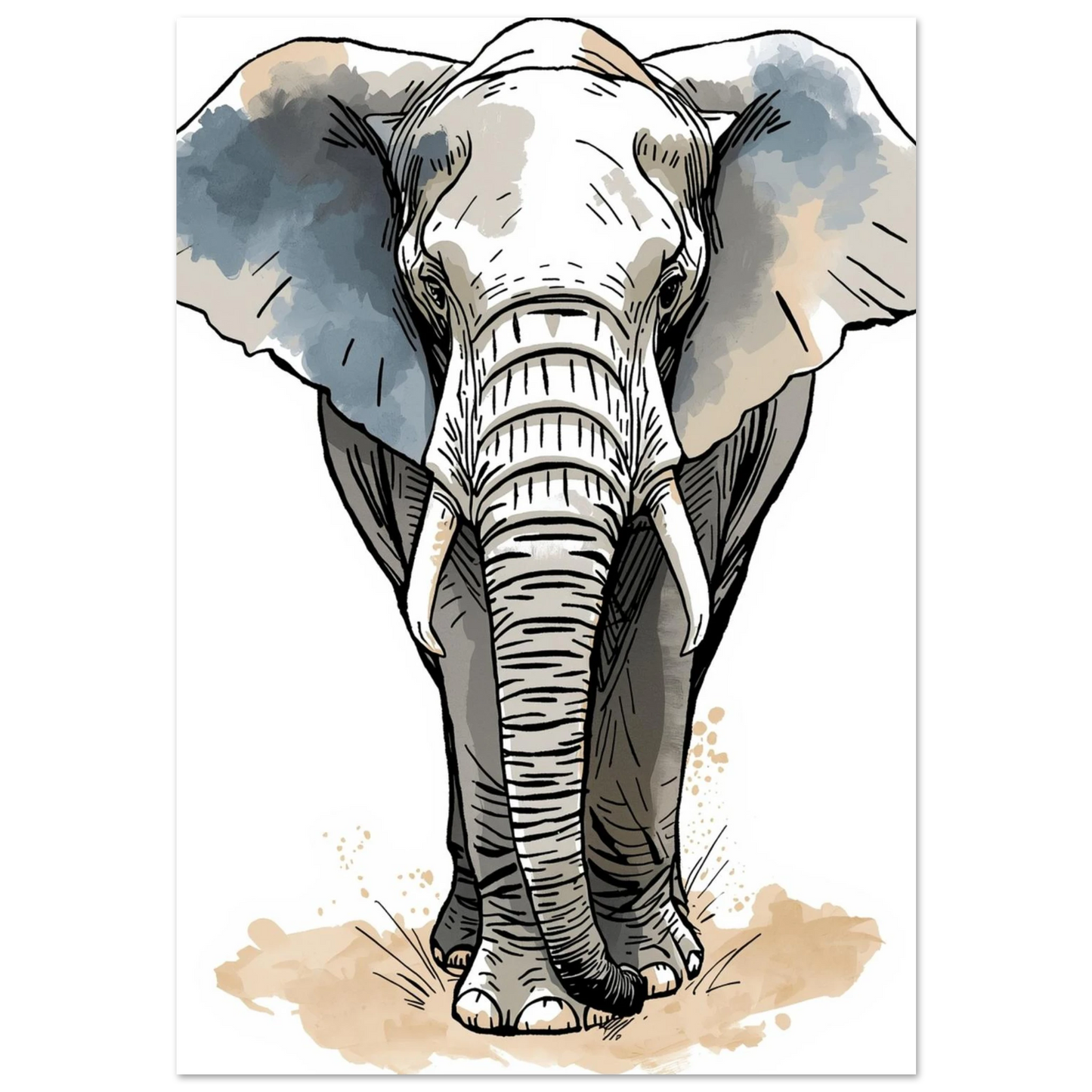 Elefant i akvarell med blå och beige färgstänk – konstnärlig djurposter