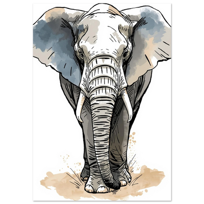 Elefant i akvarell med blå och beige färgstänk – konstnärlig djurposter