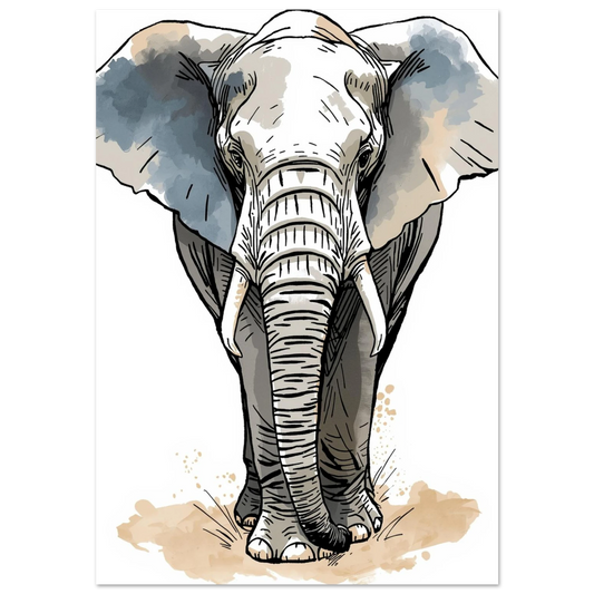 Elefant i akvarell med blå och beige färgstänk – konstnärlig djurposter
