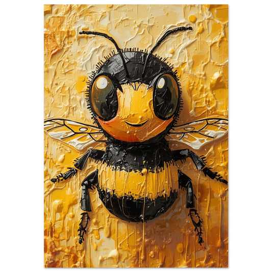 Gult bi i tjock impastostil med svarta detaljer, konstnärlig djurposter