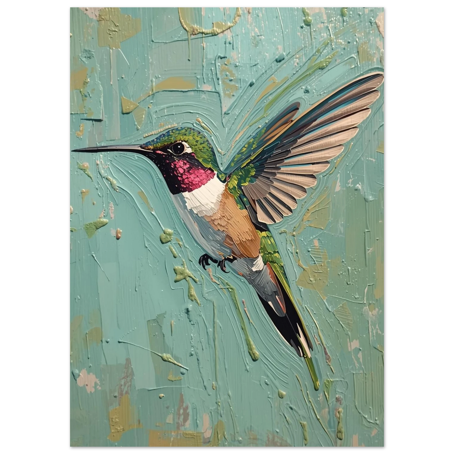 Taktil oljemålning av kolibri med rosa strupe och gröna vingar