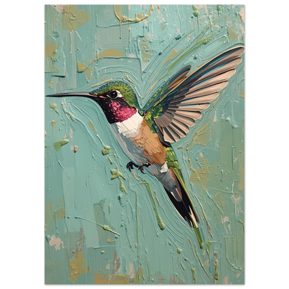 Taktil oljemålning av kolibri med rosa strupe och gröna vingar