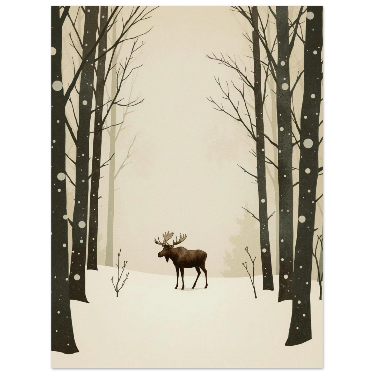 Minimalistisk djurposter föreställande en älg i en tyst vinterskog