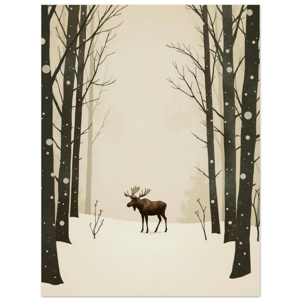 Minimalistisk djurposter föreställande en älg i en tyst vinterskog