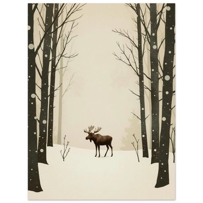 Minimalistisk djurposter föreställande en älg i en tyst vinterskog