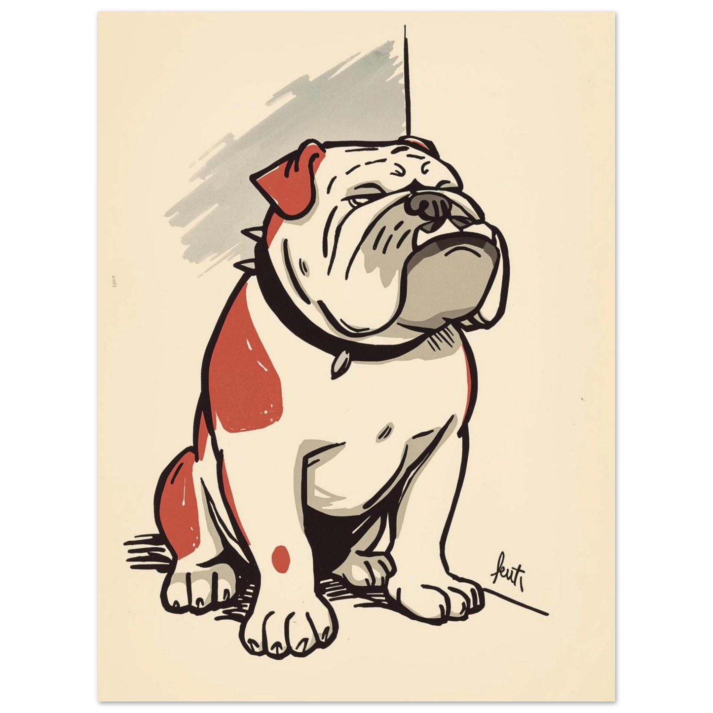 Konstnärlig hundposter föreställande en rödvit bulldogg med kaxig blick