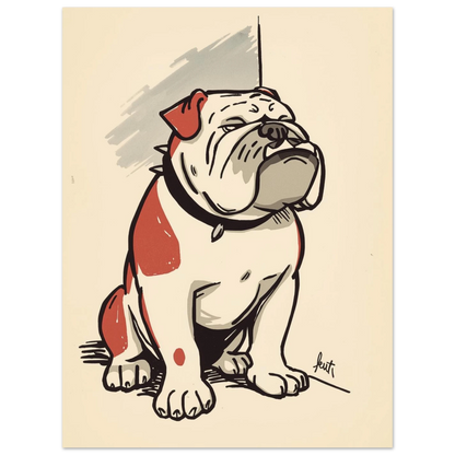 Konstnärlig hundposter föreställande en rödvit bulldogg med kaxig blick