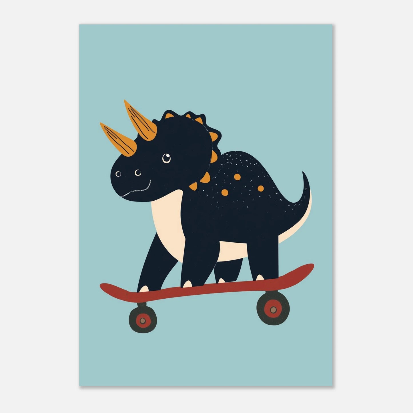 Stiliserad blå dinosaurieposter med en tuff triceratops och orangea horn