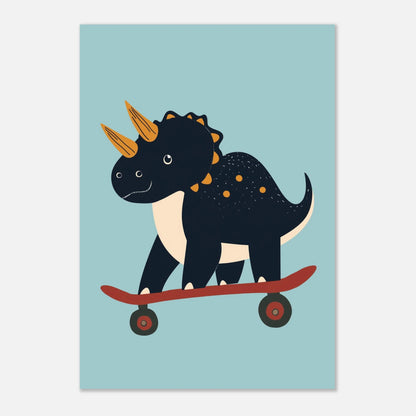 Stiliserad blå dinosaurieposter med en tuff triceratops och orangea horn