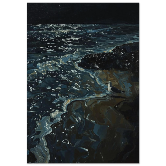 Oljemålning av en mås vid strandkanten under en mörk natthimmel