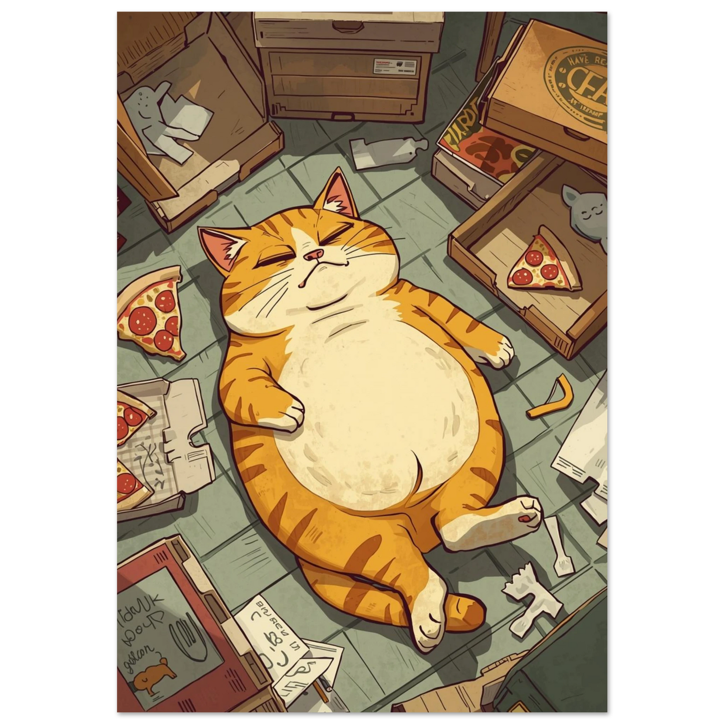 Orange tjock katt sover bland pizzakartonger på mörkt golv – humoristisk poster