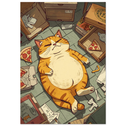 Orange tjock katt sover bland pizzakartonger på mörkt golv – humoristisk poster