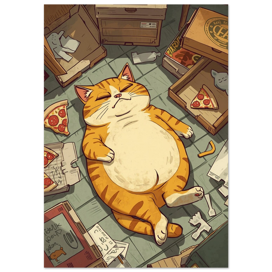 Orange tjock katt sover bland pizzakartonger på mörkt golv – humoristisk poster
