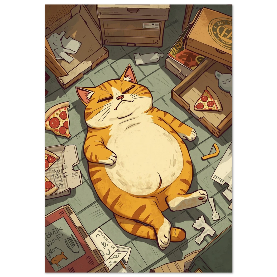Orange tjock katt sover bland pizzakartonger på mörkt golv – humoristisk poster
