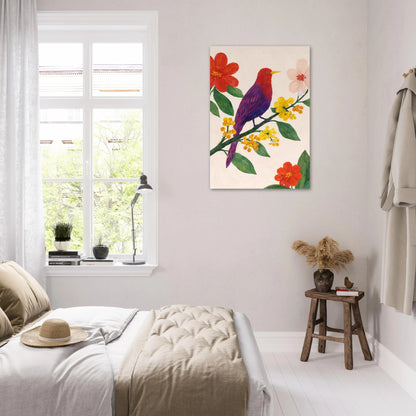 Harmoniskt naturmotiv med fågel och blommande grenar – målad poster