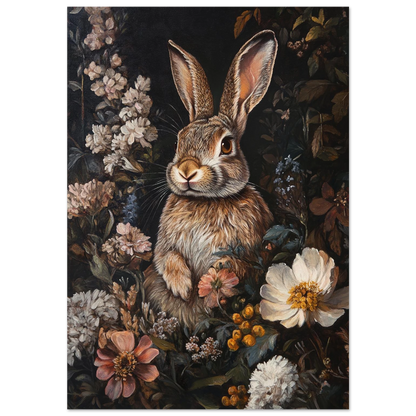 Brun kanin omgiven av vita och rosa blommor i klassisk oljestil