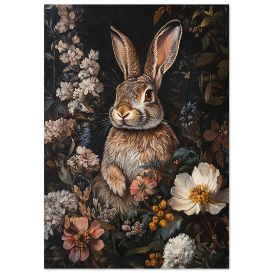 Brun kanin omgiven av vita och rosa blommor i klassisk oljestil