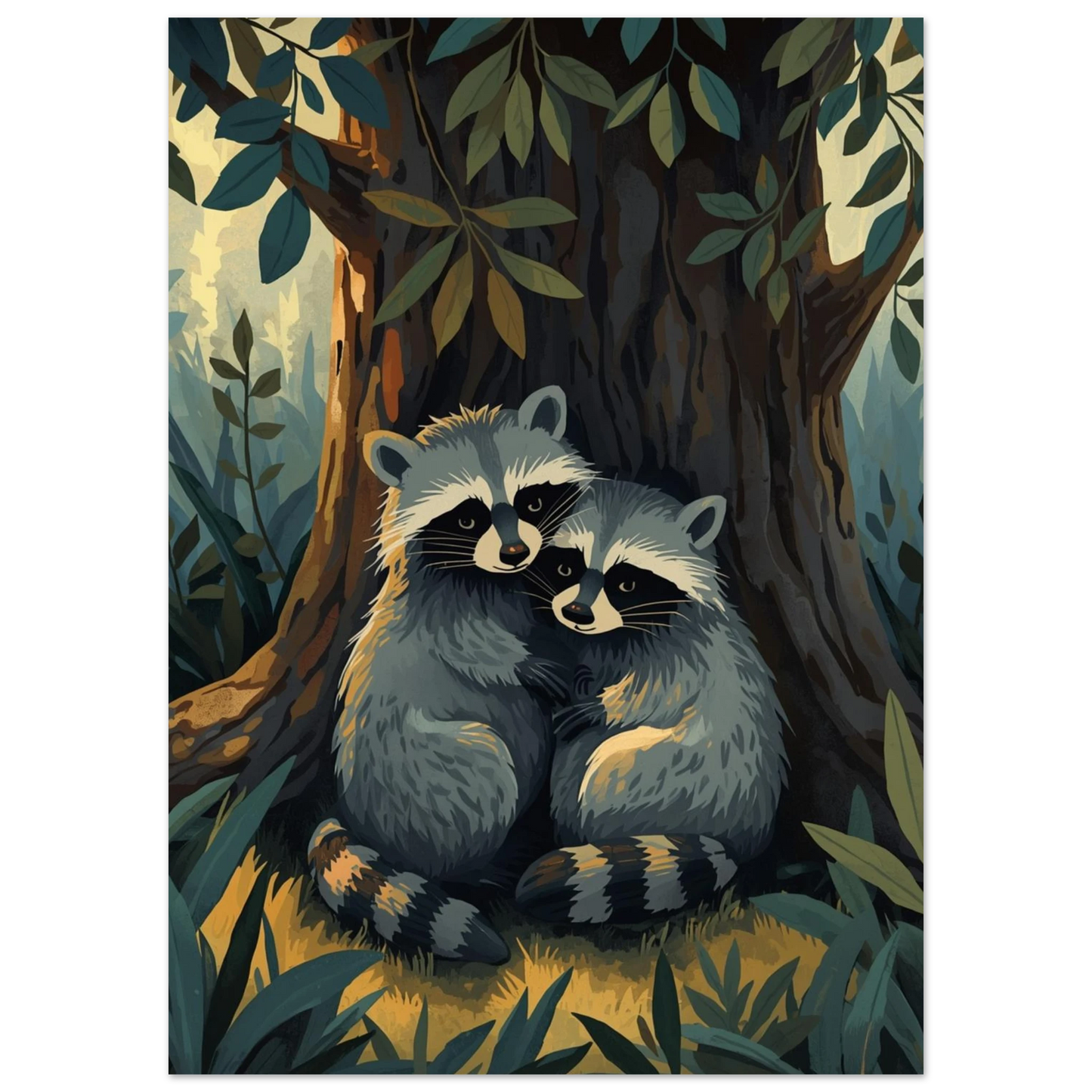 Närbild på illustrerade tvättbjörnar i famn, skogsmotiv i gouache-stil