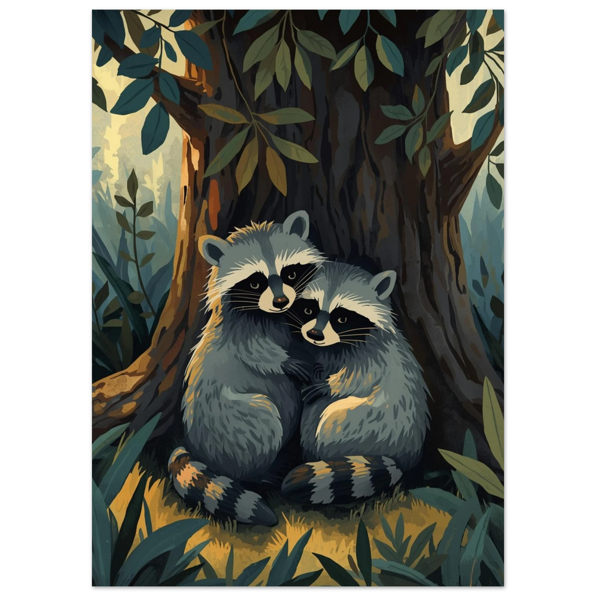 Närbild på illustrerade tvättbjörnar i famn, skogsmotiv i gouache-stil