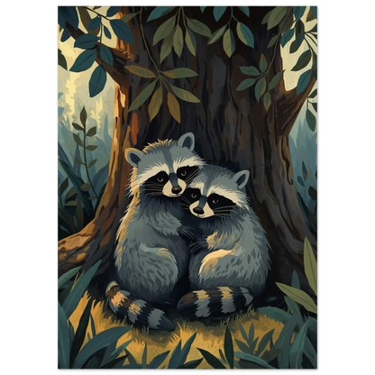 Närbild på illustrerade tvättbjörnar i famn, skogsmotiv i gouache-stil