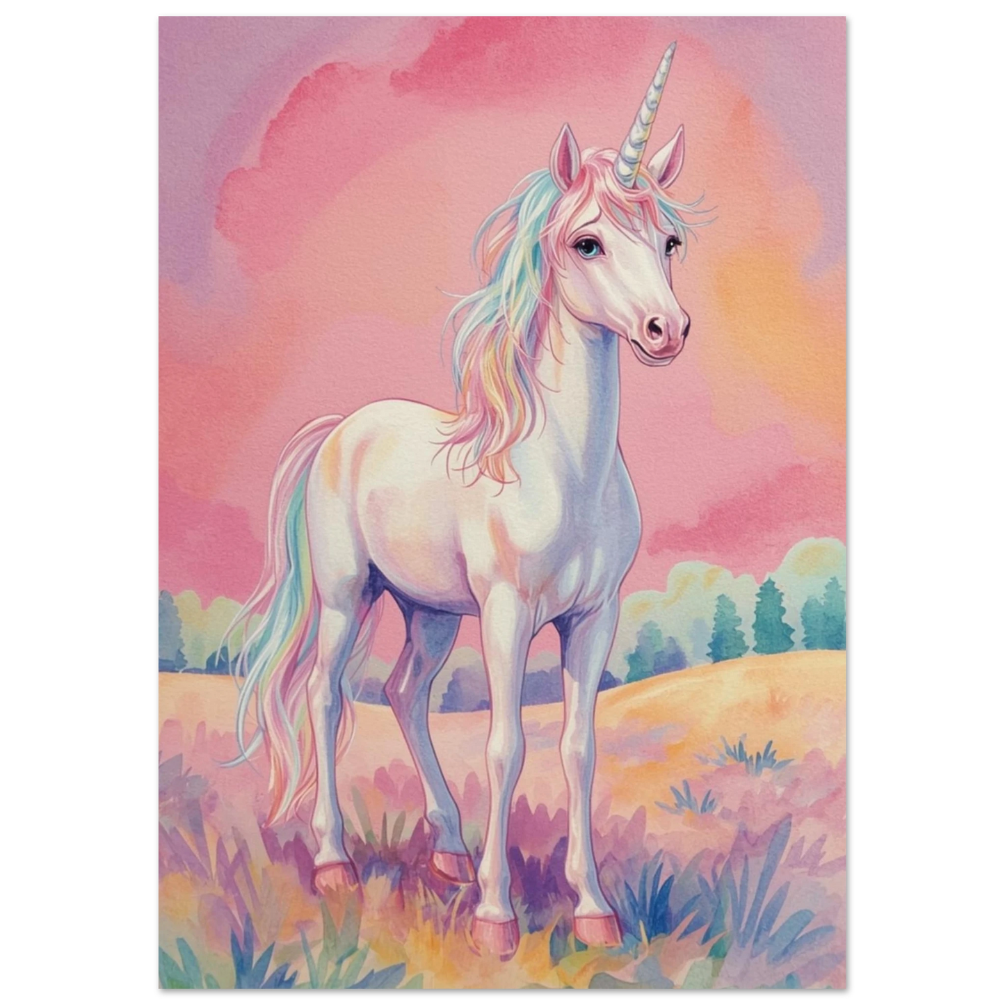 Inredning med enhörningsmotiv i mjuka toner för barnrum – målad poster