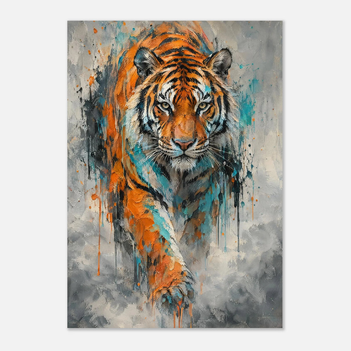 Tiger i expressiv oljemålning med intensiv blick och färgstänk