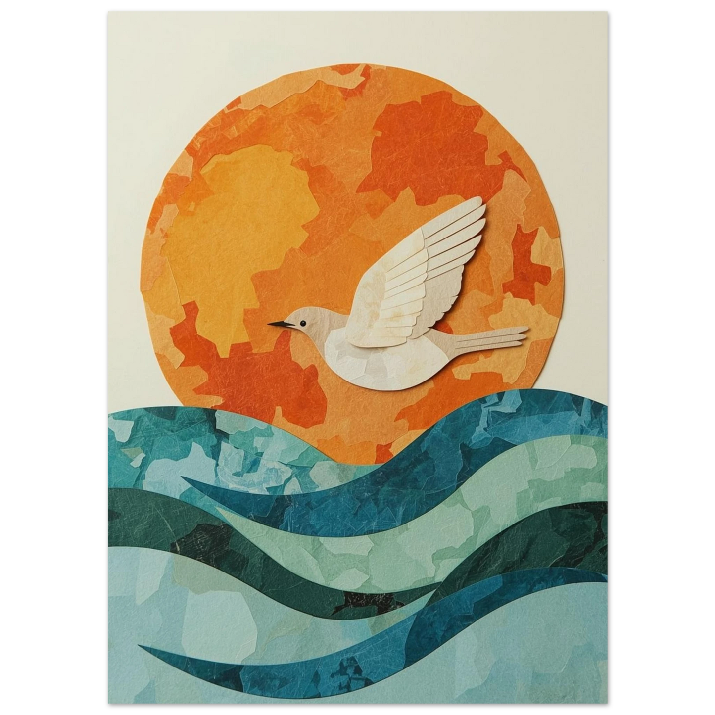 Modern poster med vit fågel i profil mot orange sol och havsvågor – Tecknad poster