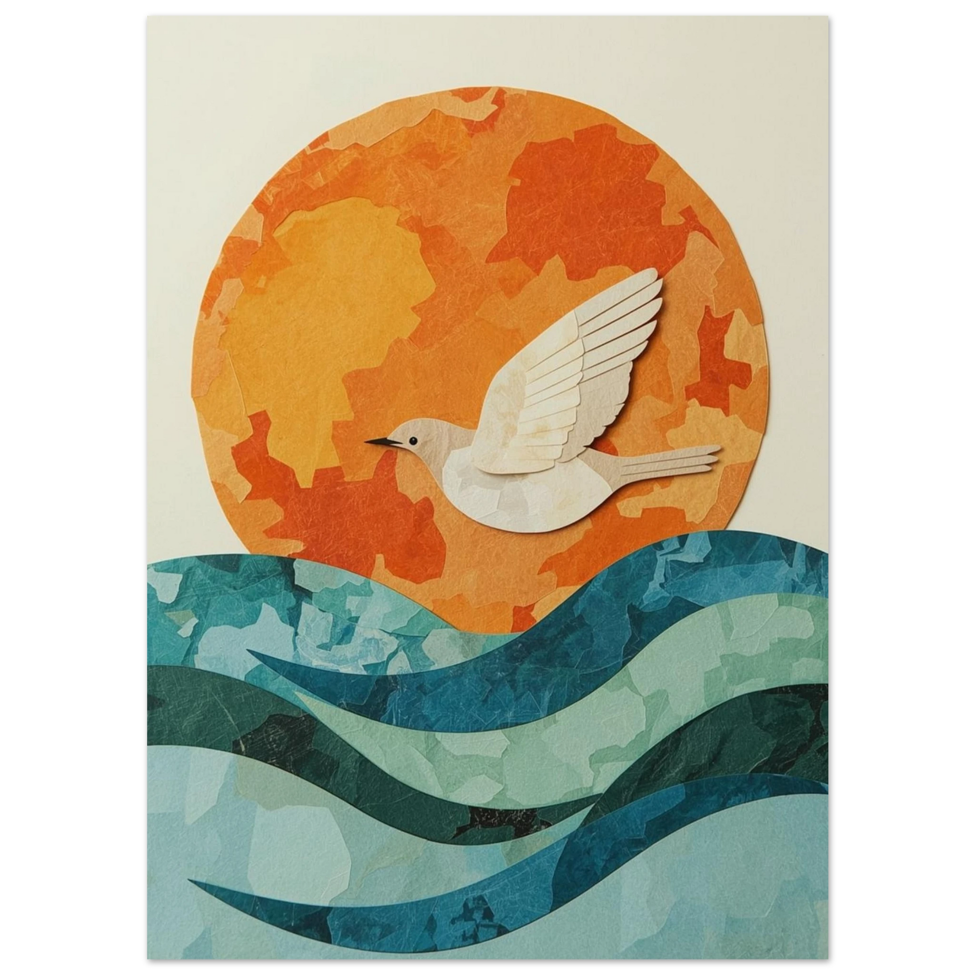 Modern poster med vit fågel i profil mot orange sol och havsvågor – Tecknad poster