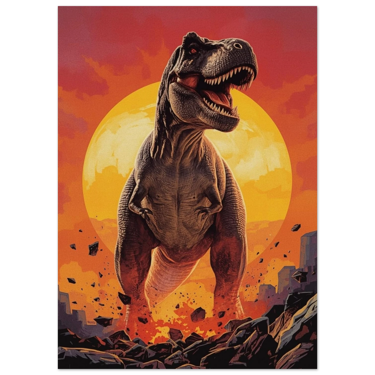 T-Rex i fullfigur med klor och starka ben som dominerar bilden under en gulorange sol – Tecknad poster