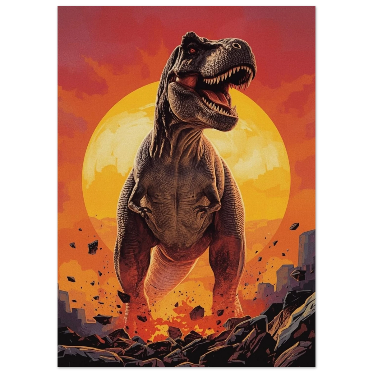 T-Rex i fullfigur med klor och starka ben som dominerar bilden under en gulorange sol – Tecknad poster