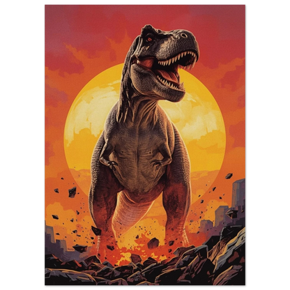 T-Rex i fullfigur med klor och starka ben som dominerar bilden under en gulorange sol – Tecknad poster