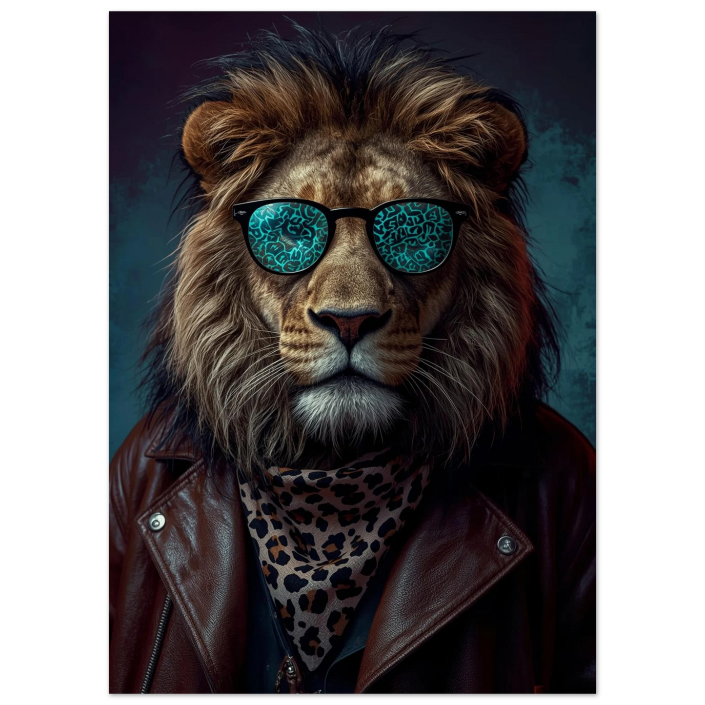 Stiligt lejon med leopardmönstrad scarf och mörkbrun läderjacka – modern poster
