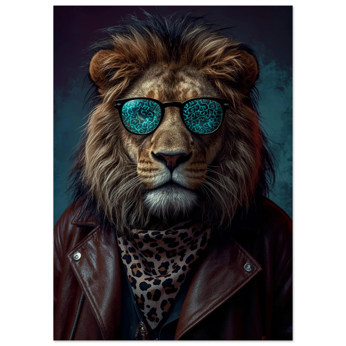 Stiligt lejon med leopardmönstrad scarf och mörkbrun läderjacka – modern poster