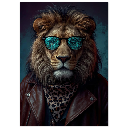 Stiligt lejon med leopardmönstrad scarf och mörkbrun läderjacka – modern poster