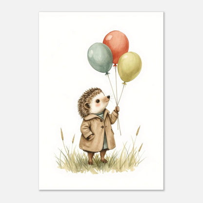 Akvarellposter av en stående igelkott med ballonger i milda jordfärger