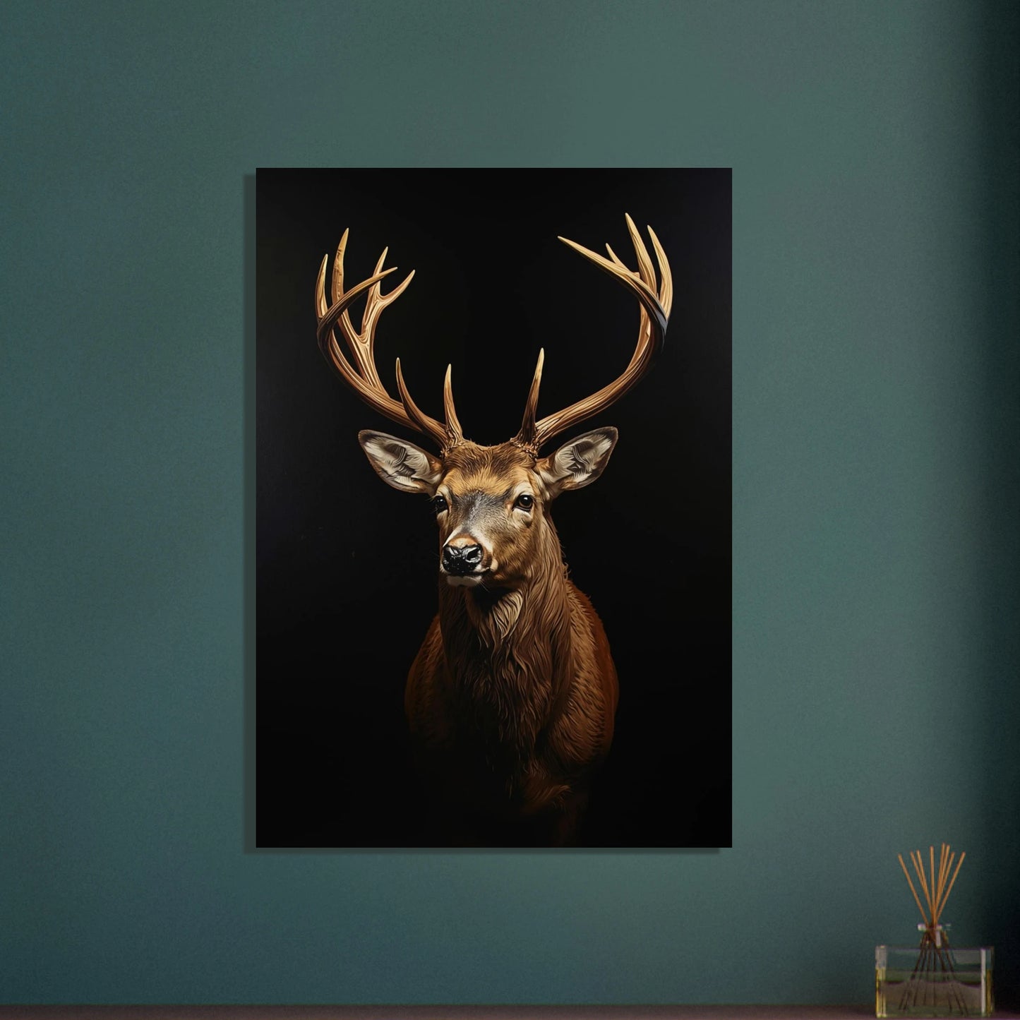 Majestätisk hjort med ståtliga horn mot mörk bakgrund.