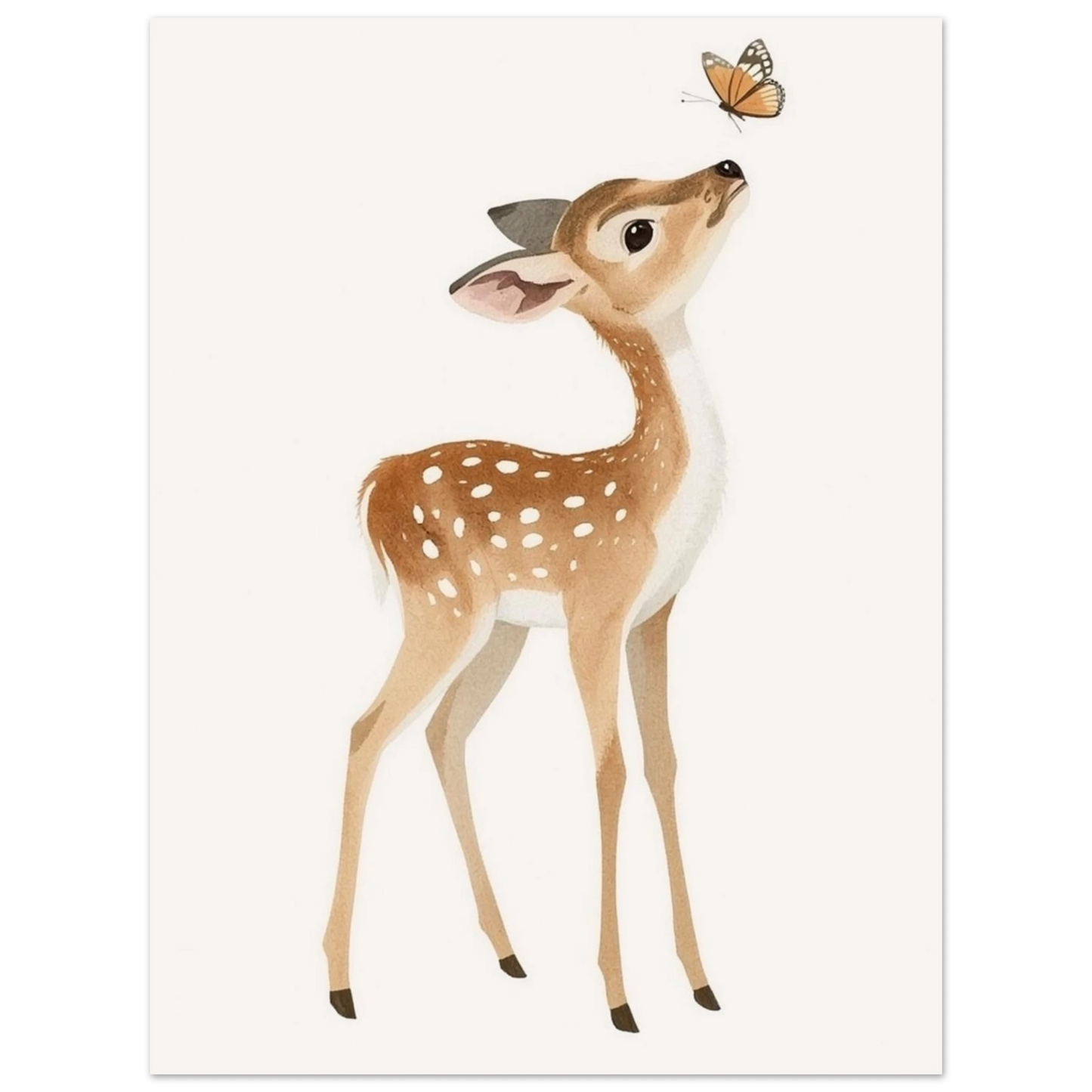 Tecknat rådjurskid med fjäril sett rakt framifrån, med full fokus på motivet – Tecknad poster