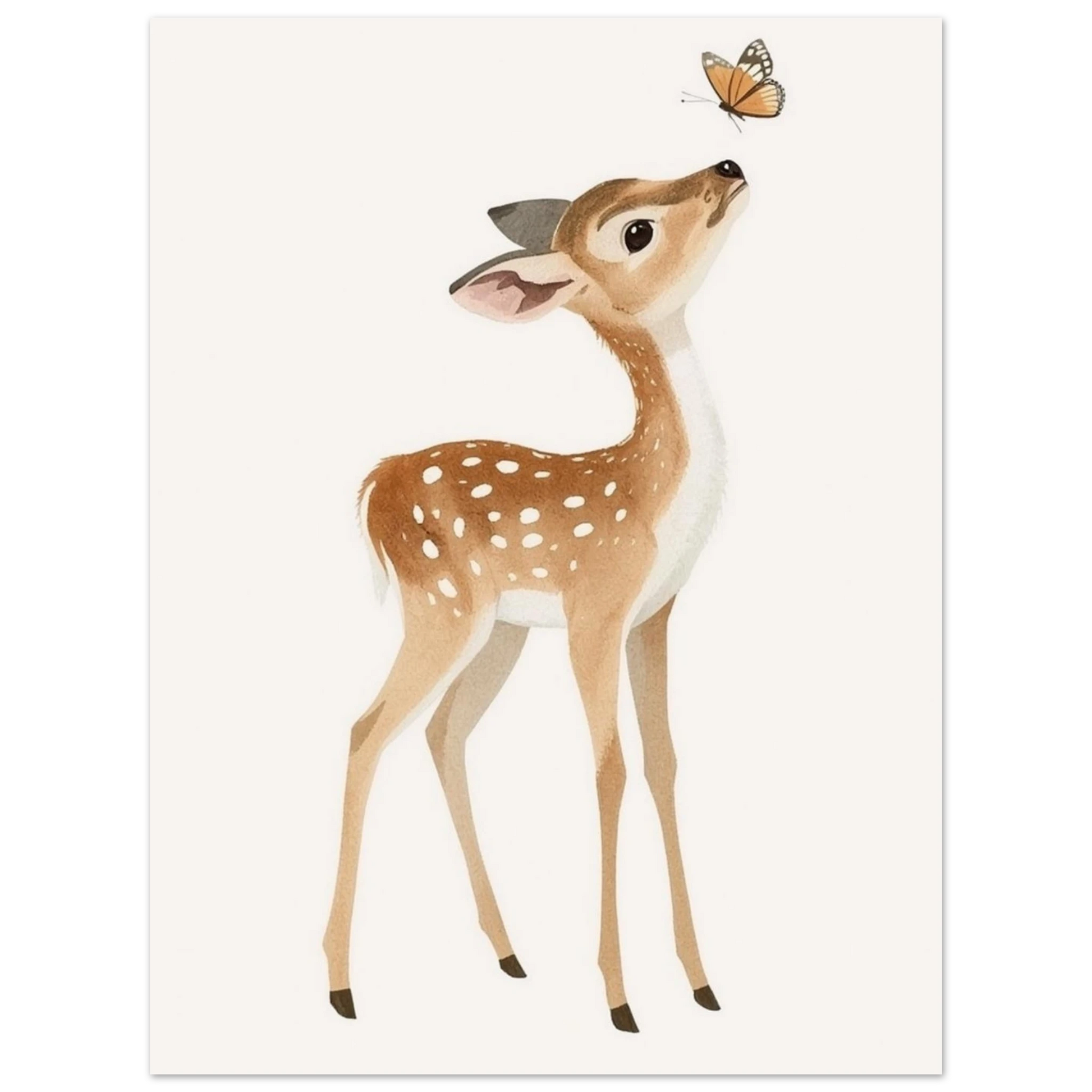 Tecknat rådjurskid med fjäril sett rakt framifrån, med full fokus på motivet – Tecknad poster