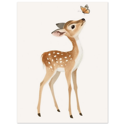 Tecknat rådjurskid med fjäril sett rakt framifrån, med full fokus på motivet – Tecknad poster