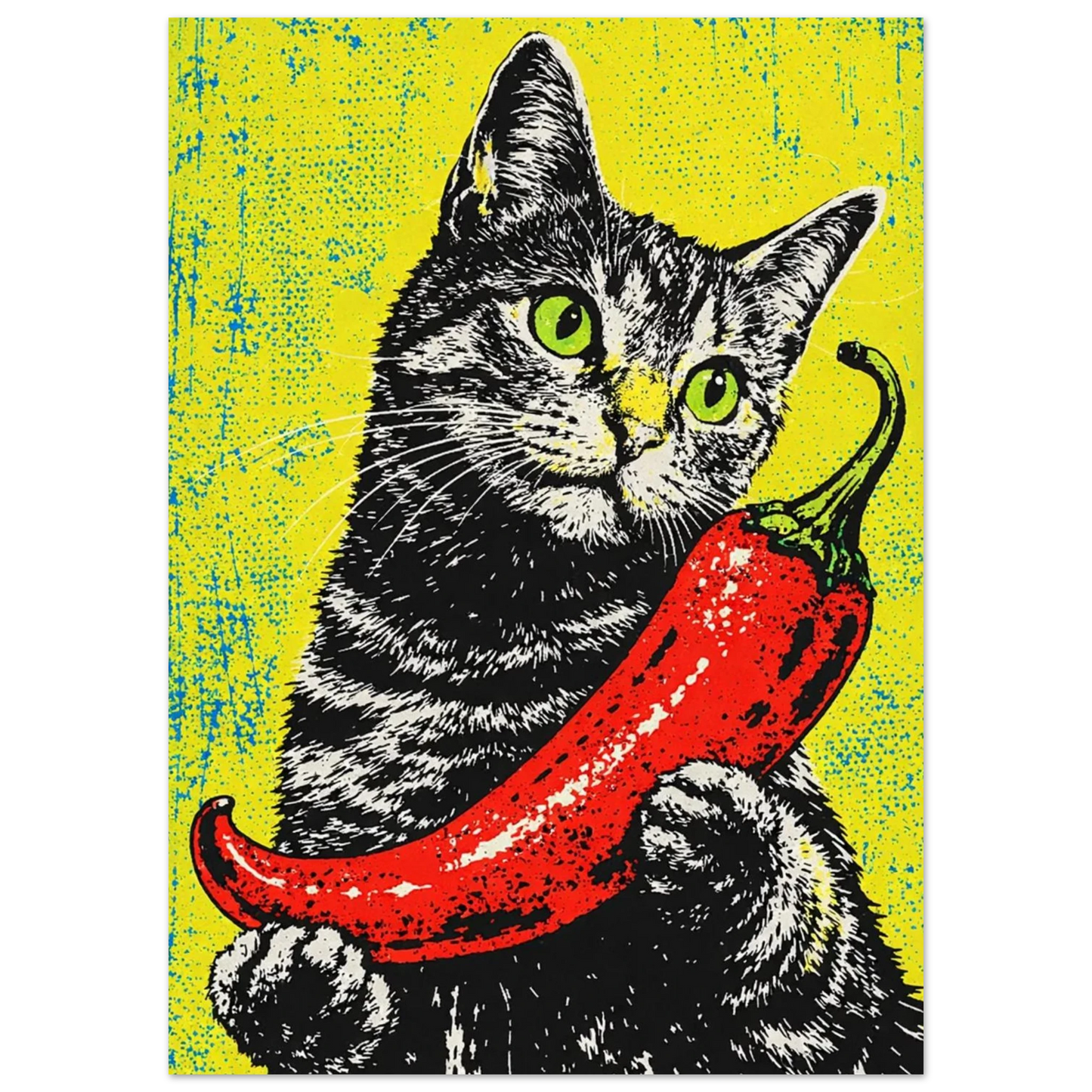 Konstnärligt djurmotiv föreställande en katt med en chilifrukt – Retro poster