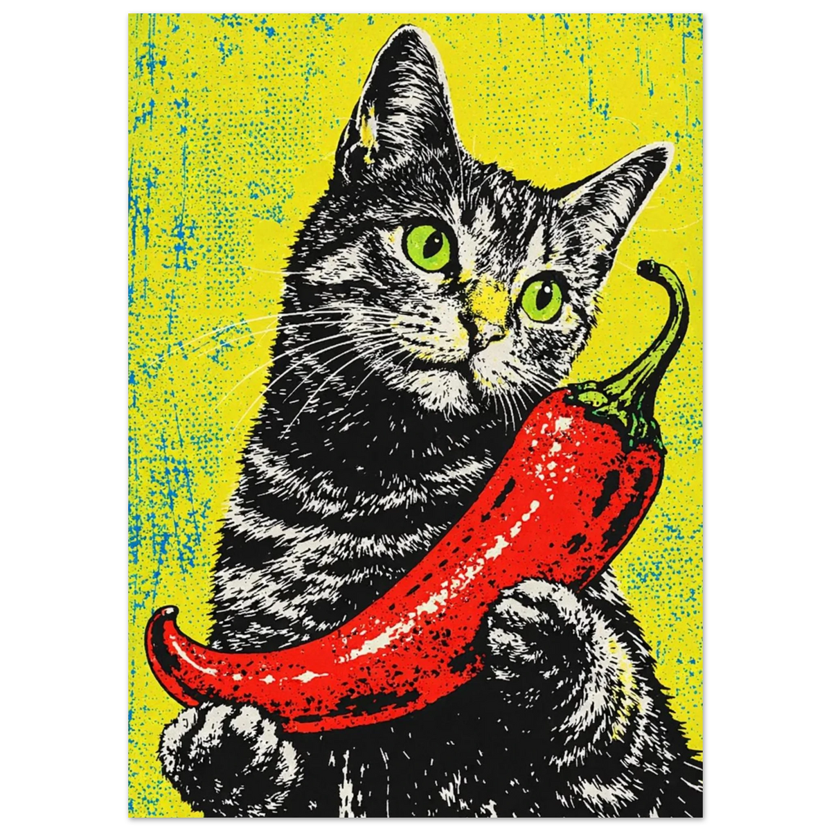 Konstnärligt djurmotiv föreställande en katt med en chilifrukt – Retro poster