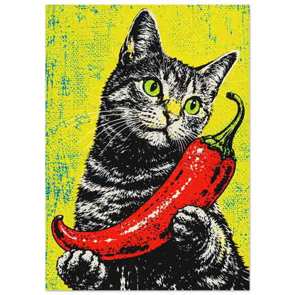 Konstnärligt djurmotiv föreställande en katt med en chilifrukt – Retro poster