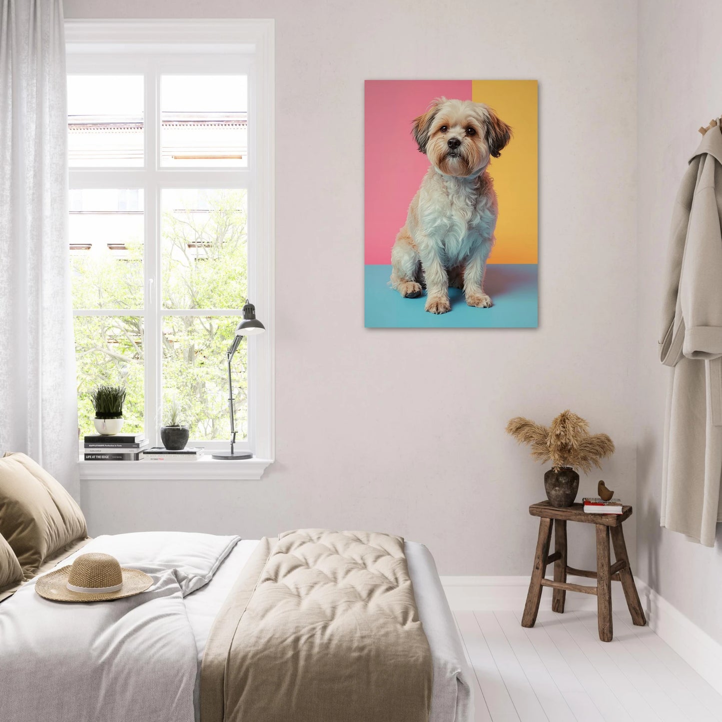 Inredningsdetalj med hundposter monterad ovanför en säng i sovrum